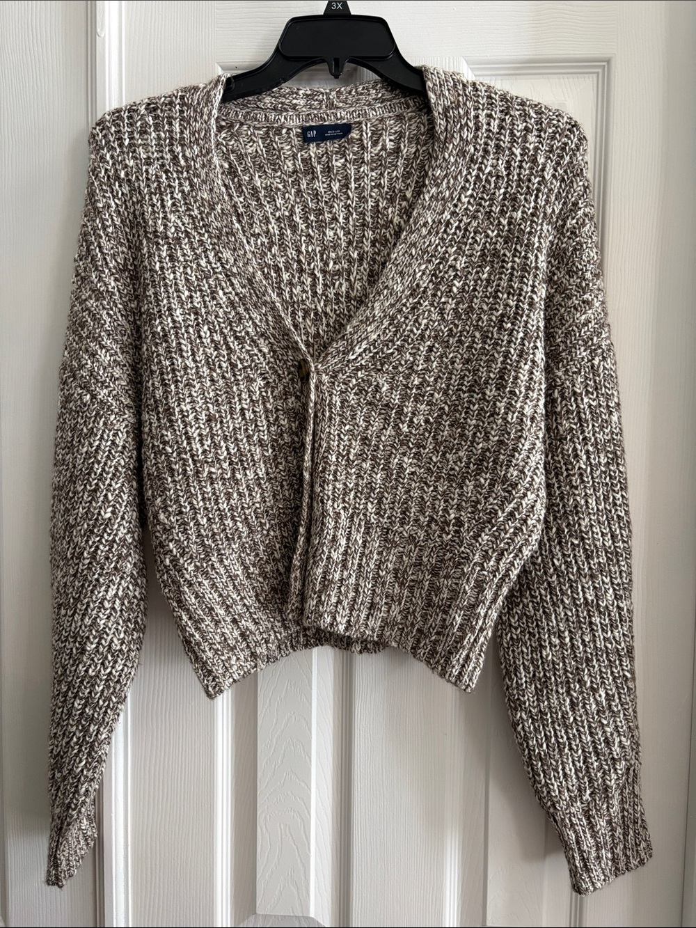 Gap Women's Marled Cream Taupe V-Neck Chunky Fall Knit Sweater cropped Cardigan